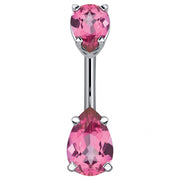 14k white gold belly ring with double pink pear-cut CZ gems in four-prong settings, front view