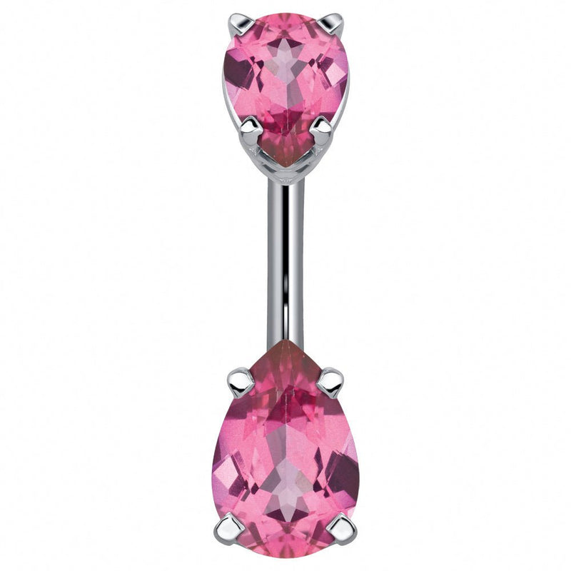 14k white gold belly ring with double pink pear-cut CZ gems in four-prong settings, front view