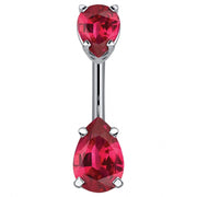 14k white gold belly ring with double red pear-cut CZ gems in prong settings, front view