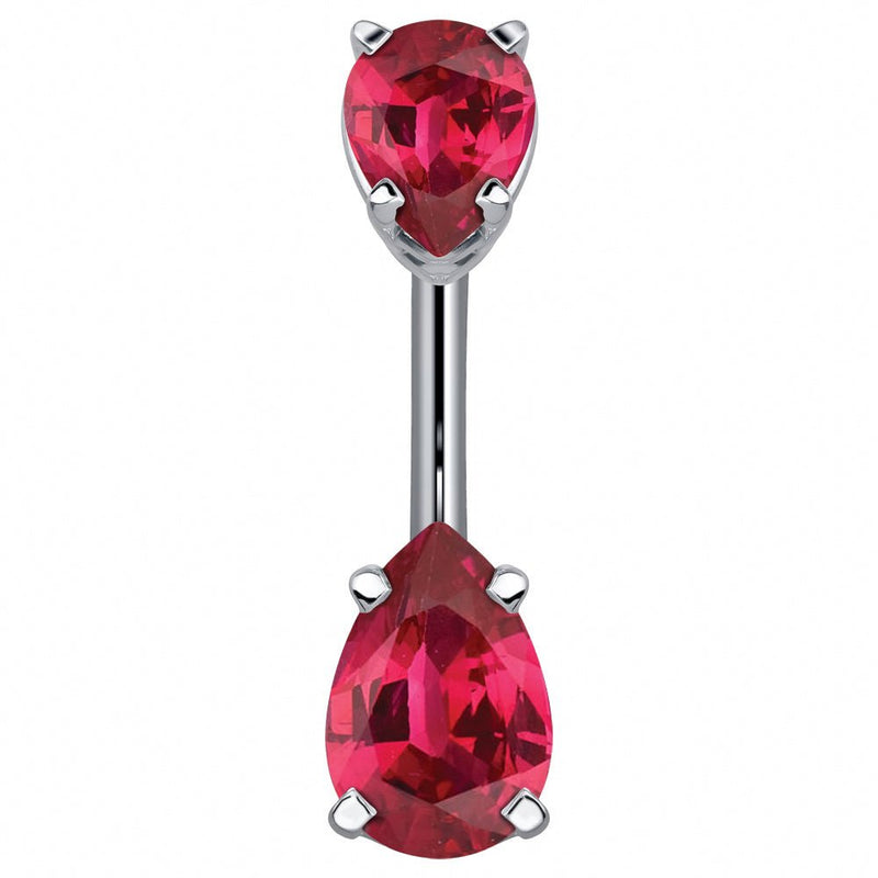 14k white gold belly ring with double red pear-cut CZ gems in prong settings, front view