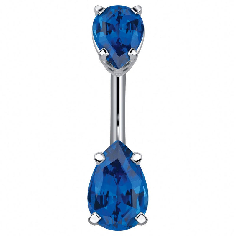 14k white gold belly ring with double deep blue pear-cut CZ gems in four-prong basket settings