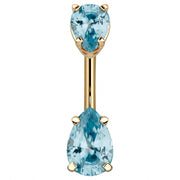 14k yellow gold belly ring with double light blue aqua pear-cut CZ gems in basket settings