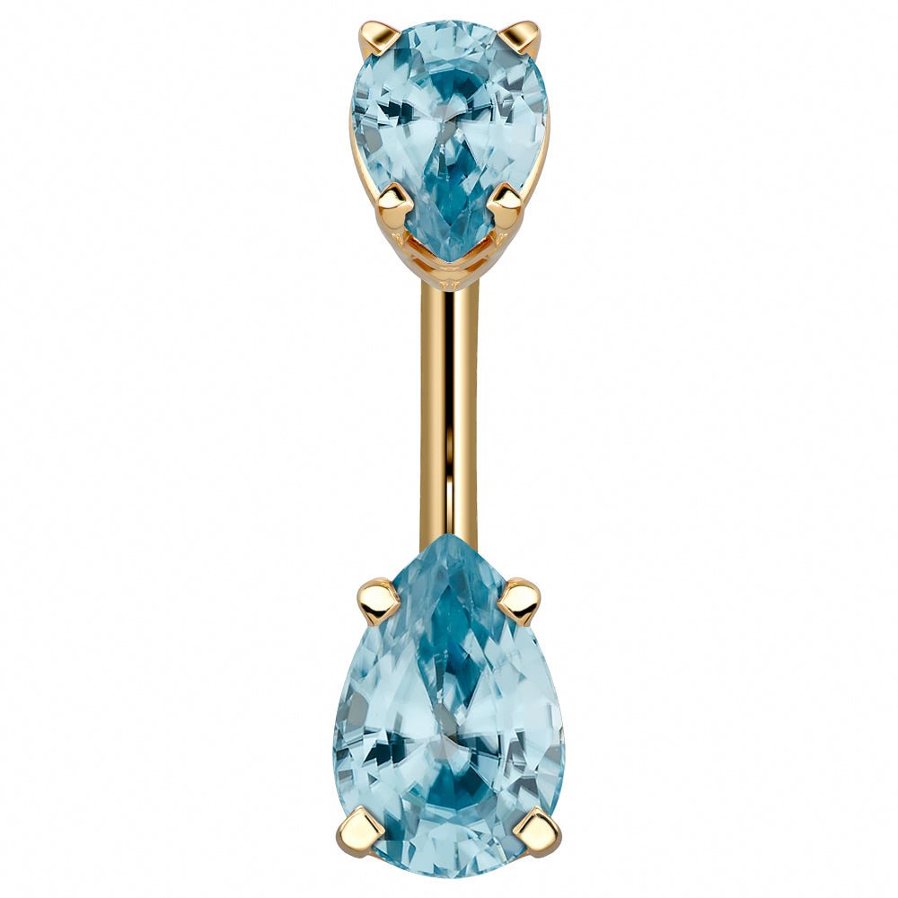 Double Pear Shape Cubic Zirconia 14k Gold Belly Ring-14k Yellow Gold   Light Blue