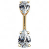 14k yellow gold belly ring with double clear pear-cut CZ gems in prong basket settings, front view