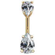 14k yellow gold belly ring with double clear pear-cut CZ gems in prong basket settings, front view