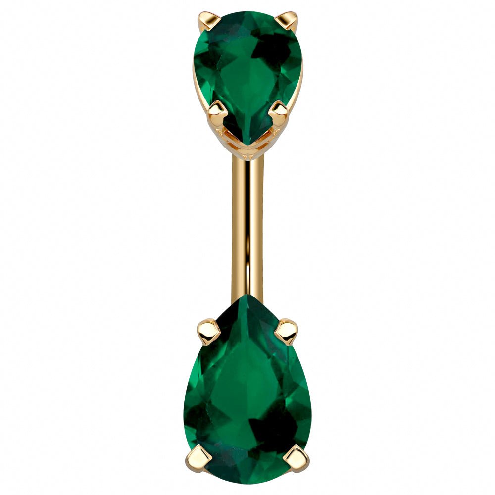 Double Pear Shape Cubic Zirconia 14k Gold Belly Ring-14k Yellow Gold   Dark Green