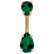 14k yellow gold belly ring with double dark green emerald-tone pear-cut CZ gems, front view