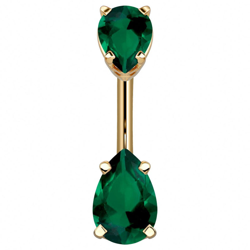 14k yellow gold belly ring with double dark green emerald-tone pear-cut CZ gems, front view