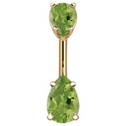 14k yellow gold belly ring with double light green peridot-tone pear-cut CZ gems, front view
