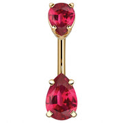 14k yellow gold double pear navel ring with vivid red CZ gemstones in prong basket settings
