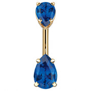 14k yellow gold belly ring with double sapphire-blue pear-cut CZ gems in basket settings