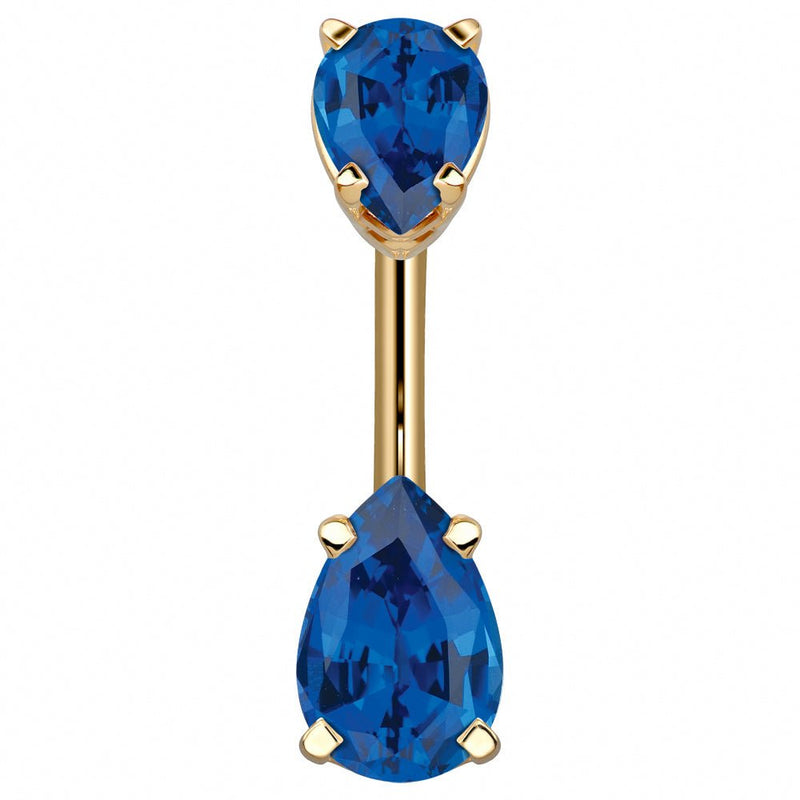 14k yellow gold belly ring with double sapphire-blue pear-cut CZ gems in basket settings