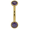 14k yellow gold amethyst bezel-set curved barbell with dual purple gemstones, front view