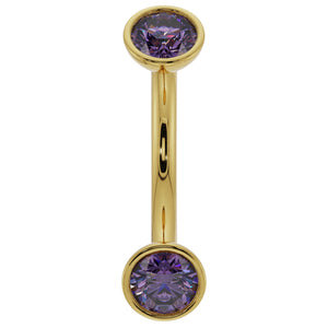 14k yellow gold amethyst bezel-set curved barbell with dual purple gemstones, front view