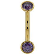14k yellow gold dainty amethyst curved barbell showing larger stone size, angled view