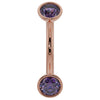 14k rose gold amethyst bezel curved barbell with larger round purple stones, angled view
