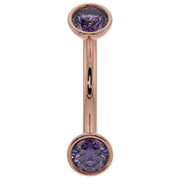 14k rose gold amethyst bezel-set curved barbell with dual purple gemstones, front view