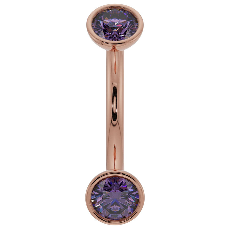 14k rose gold amethyst bezel-set curved barbell with dual purple gemstones, front view