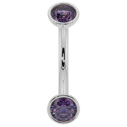 14k white gold curved barbell with larger bezel-set amethyst ends, angled front view