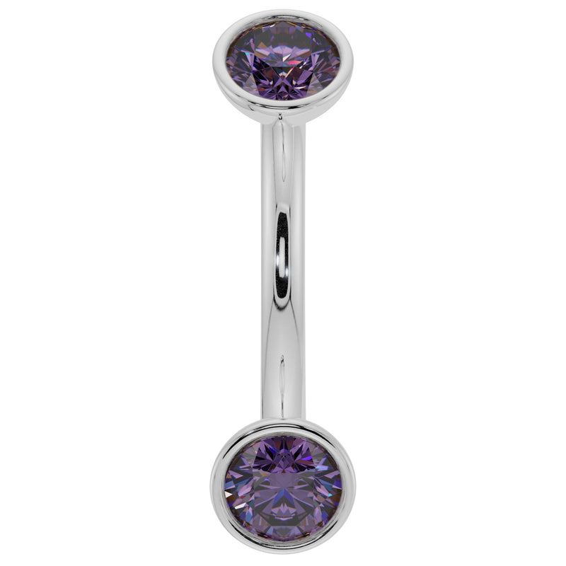 14k white gold curved barbell with larger bezel-set amethyst ends, angled front view