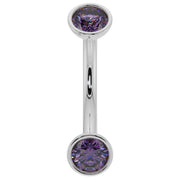 14k white gold amethyst bezel-set curved barbell with dual purple gemstones, front view