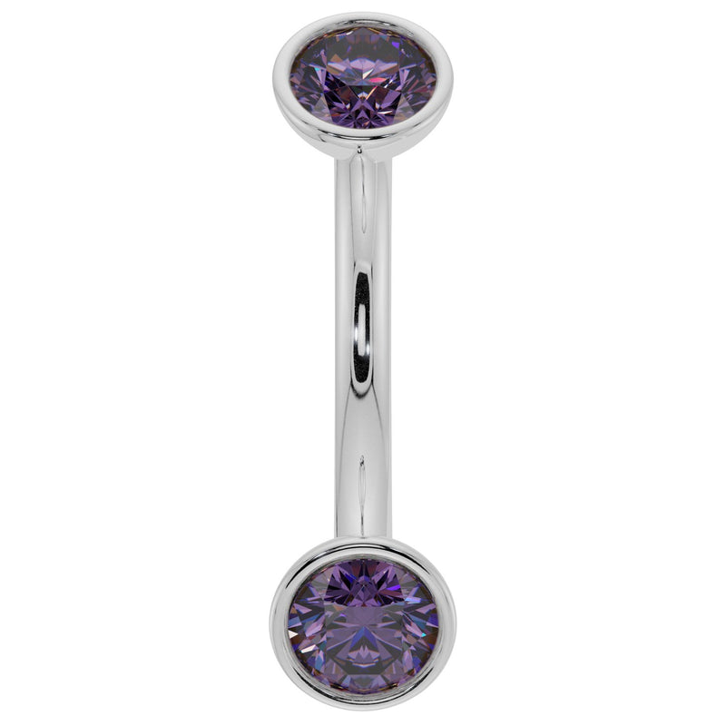14k white gold amethyst bezel-set curved barbell with dual purple gemstones, front view