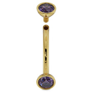 14k yellow gold amethyst curved barbell disassembled showing internal threading and screw post