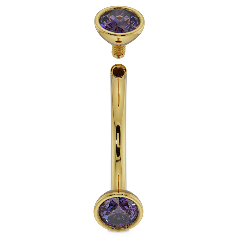 14k yellow gold amethyst curved barbell disassembled showing internal threading and screw post