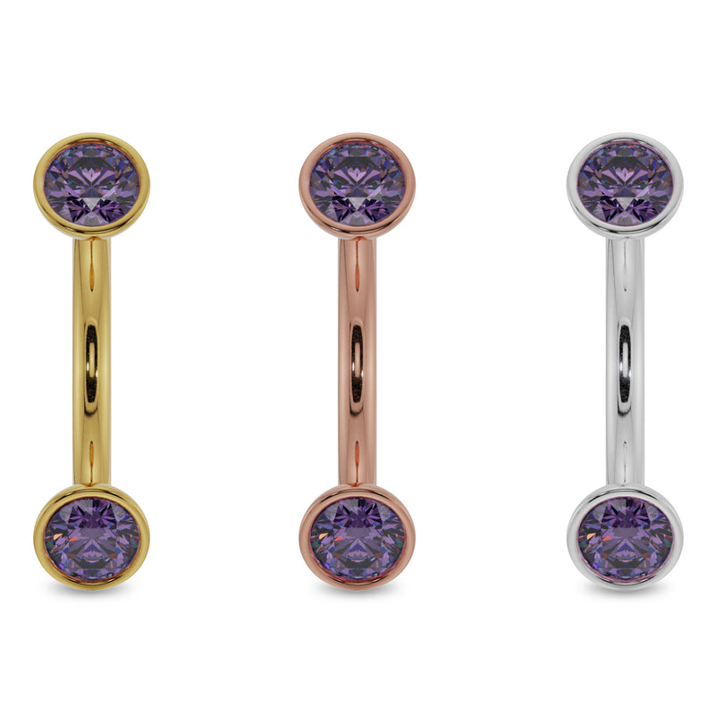 Amethyst bezel curved barbell in all three metal options: 14k yellow, rose, and white gold side by side