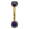 14k yellow gold amethyst curved barbell with dual prong-set purple stones, front view