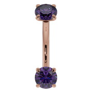 14k rose gold amethyst curved barbell with dual prong-set purple stones, front view