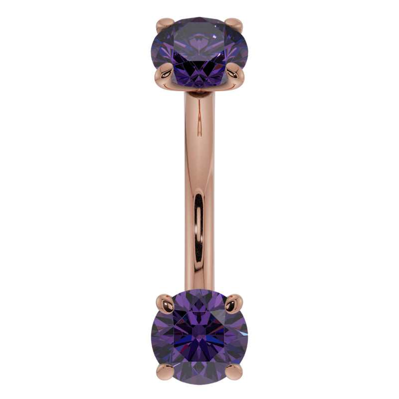 14k rose gold amethyst curved barbell with dual prong-set purple stones, front view