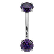 14k white gold amethyst curved barbell with dual prong-set purple stones, front view