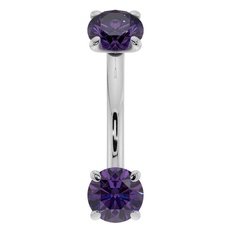14k white gold amethyst curved barbell with dual prong-set purple stones, front view