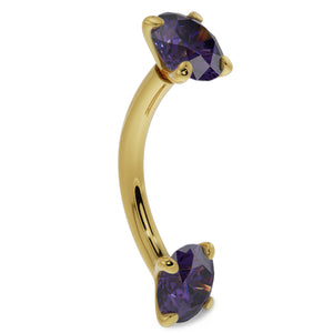 Side profile of 14k yellow gold amethyst curved barbell showing banana-shaped curve and prong settings
