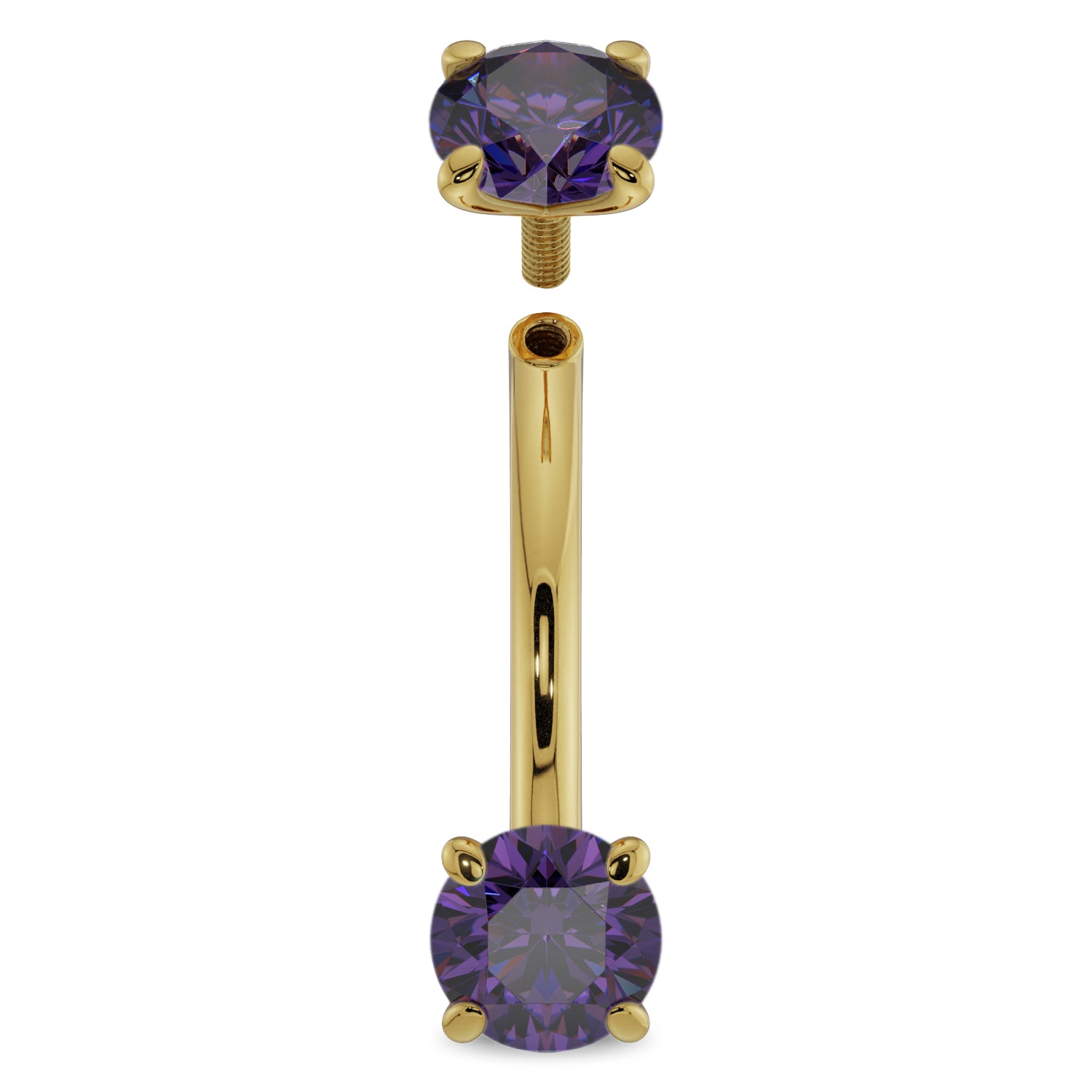 14G (1.6mm) 14K Yellow  Gold dainty amethyst prong 14k gold curved barbell