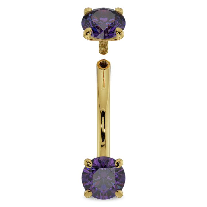 Internally Threaded Gold Amethyst Prong-Set Eyebrow Rook Belly Curved Barbell