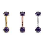 Amethyst prong-set curved barbell in all three 14k gold options: yellow, rose, and white gold side by side