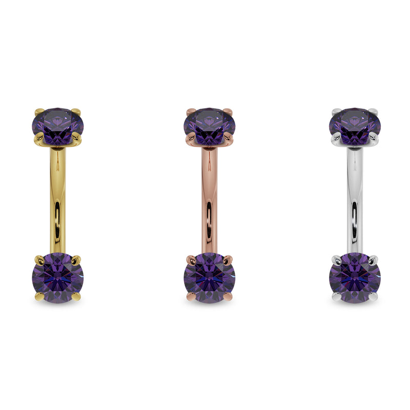Amethyst prong-set curved barbell in all three 14k gold options: yellow, rose, and white gold side by side