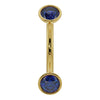 14k yellow gold blue sapphire bezel-set curved barbell, front view showing dual round gemstones