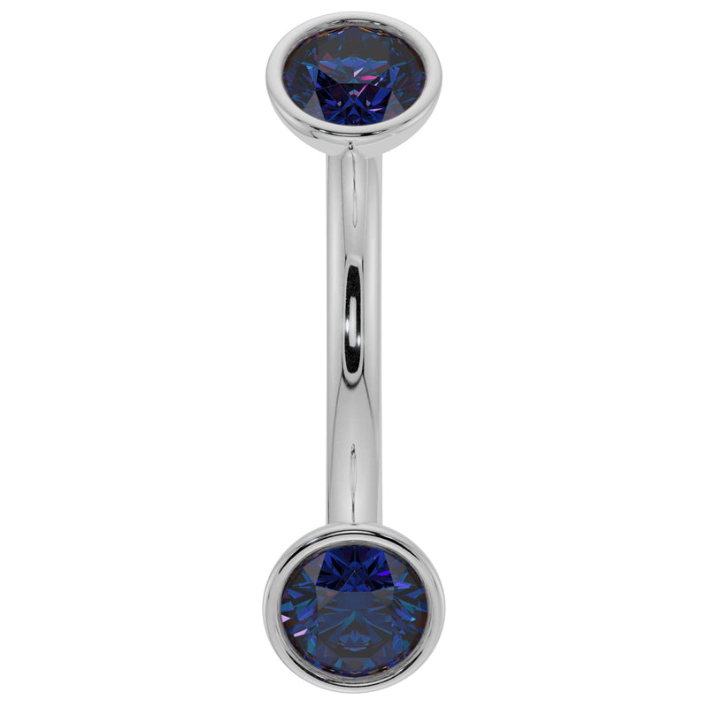 14k white gold blue sapphire bezel-set curved barbell with dual bezel-set round sapphires, front view
