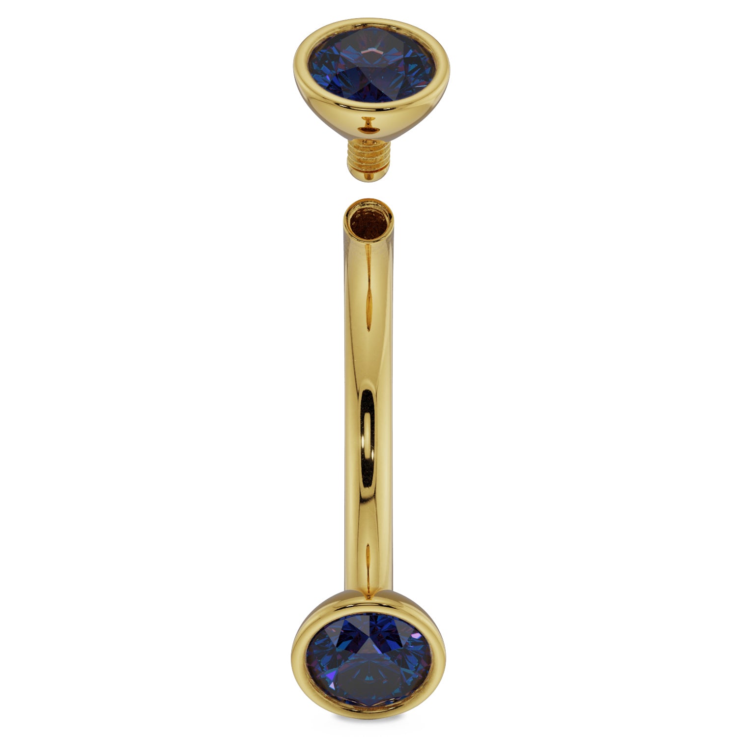 14G (1.6mm) 14K Yellow  Gold dainty blue sapphire bezel 14k gold curved barbell