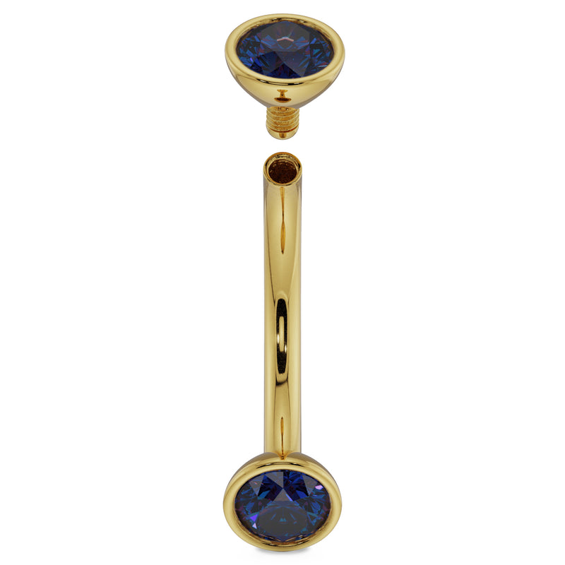 14k yellow gold blue sapphire curved barbell disassembled showing threaded end and hollow post