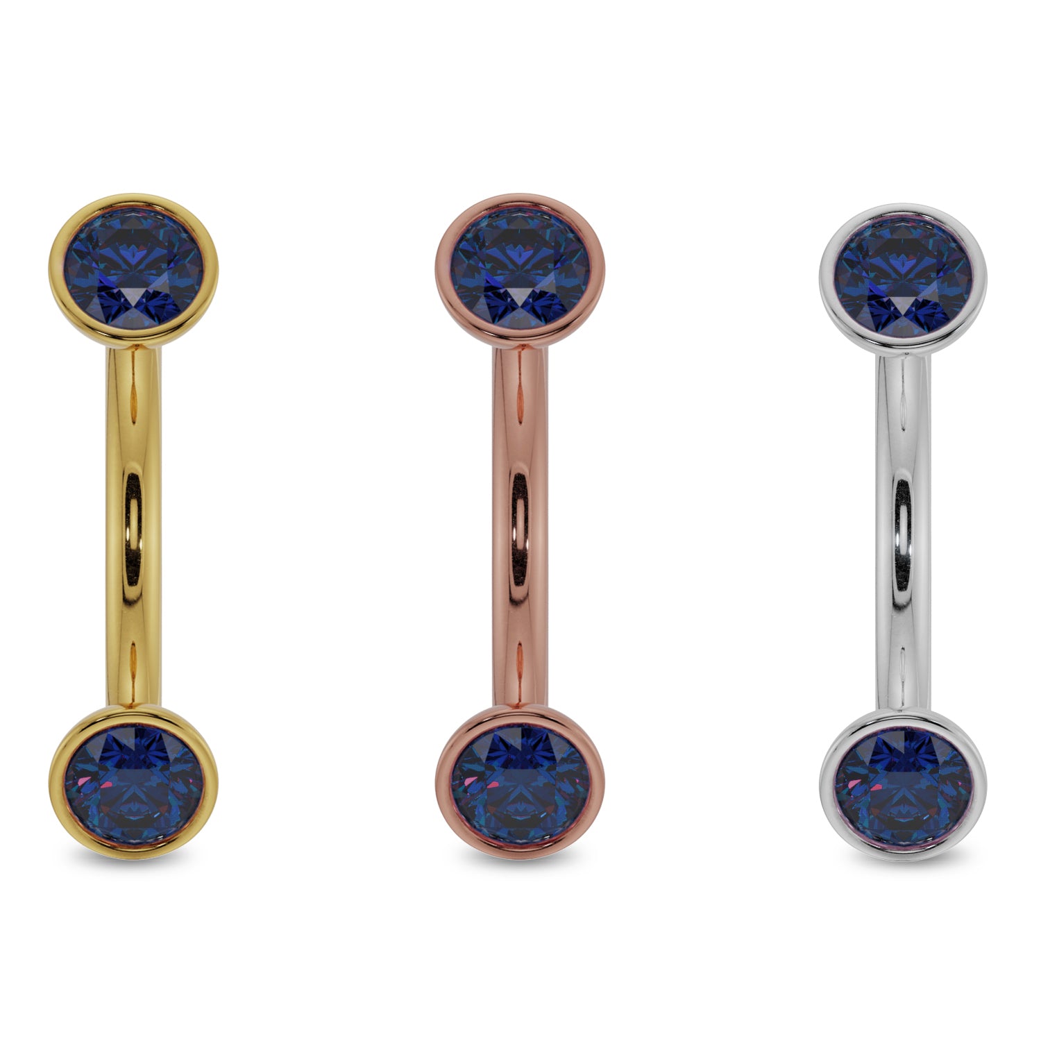 Color Option Gold - 3mm Blue Sapphire Bezel-Set Eyebrow Rook Belly Curved Barbell