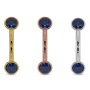 Blue sapphire bezel-set curved barbell in all three 14k gold colors: yellow, rose, and white gold