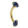 14k yellow gold blue sapphire curved barbell, side profile showing dual prong-set stones and curved shaft