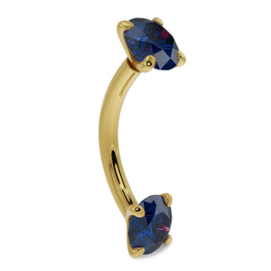 14k yellow gold blue sapphire curved barbell, side profile showing dual prong-set stones and curved shaft