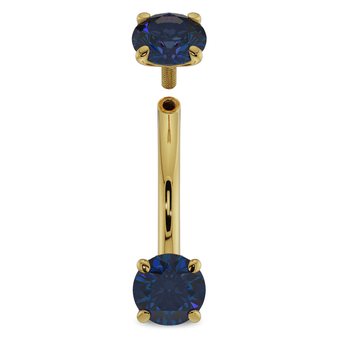 14G (1.6mm) 14K Yellow  Gold dainty blue sapphire prong 14k gold curved barbell
