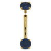 14K yellow gold 14G blue sapphire curved barbell with top end unscrewed, showing threaded post detail