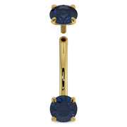 14K yellow gold 14G blue sapphire curved barbell with top end unscrewed, showing threaded post detail